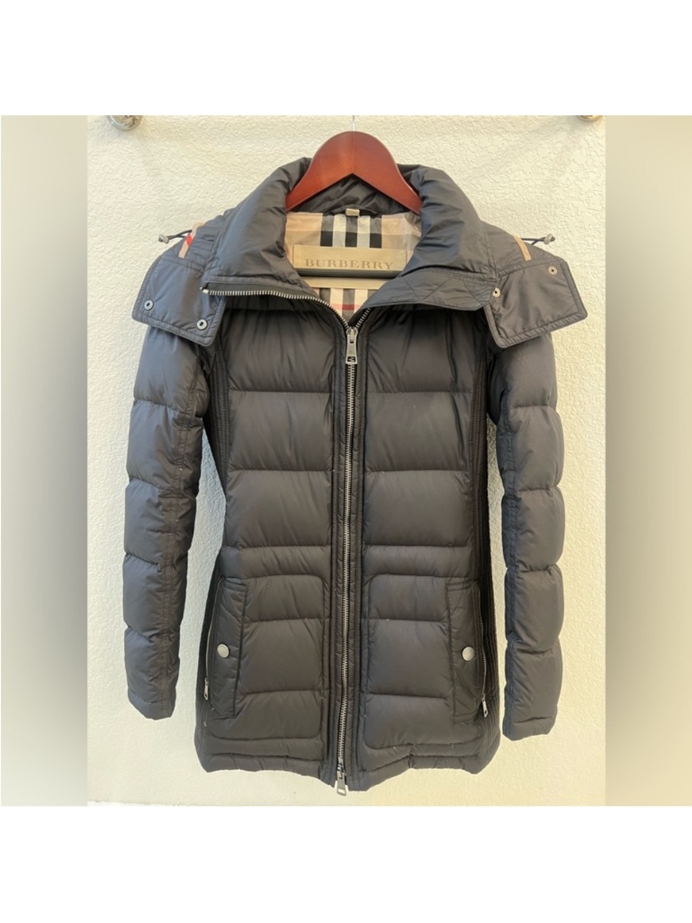 Burberry Charcoal Quilted Down Jacket with Check Collar